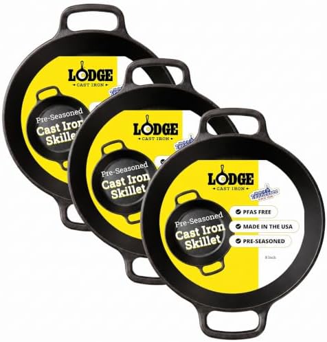 Lodge 8 Inch Pre-Seasoned Cast Iron Skillet - Dual Assist Handles - Use in the Oven, Stove, Grill, or Over a Campfire - Black (Pack of 3) by Lodge