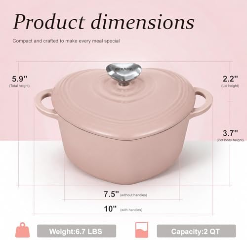 Overmont Enameled Cast Iron Dutch Oven - 2QT Pink Heart-Shaped Mini Pot - Image 2