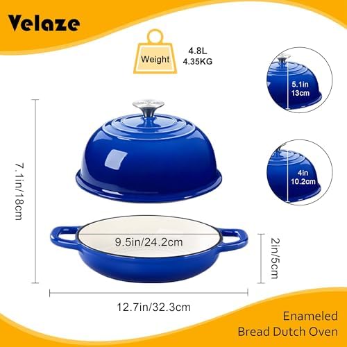 Velaze 5 QT Enameled Cast Iron Dutch Oven for Bread Baking with Dome Lid - Image 3