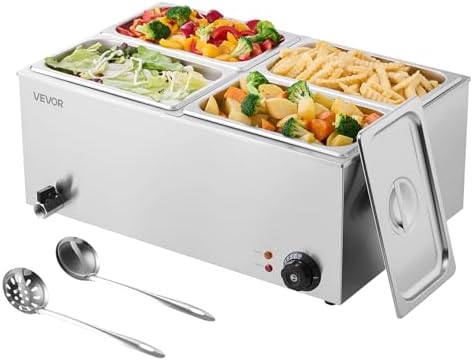 VEVOR 4-Pan Commercial Food Warmer, 24QT Electric Steam Table, 1200W Professional Countertop Stainless Steel Buffet Bain Marie with 86-185°F Temp Control for Catering and Restaurants, Silver by VEVOR