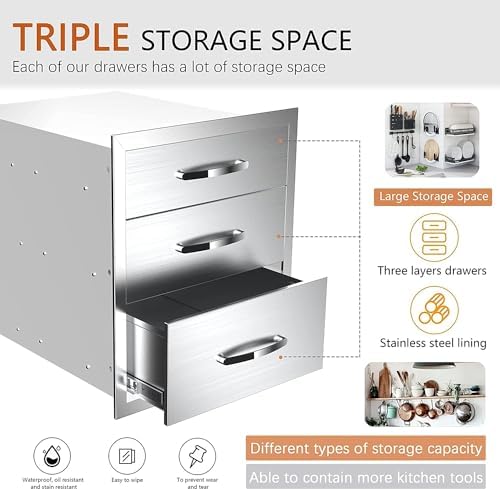 Outdoor Kitchen Drawers, 18W X 21H X 23D Stainless Steel Triple Access Drawers with Handle for Outdoor Kitchen Island - Image 5