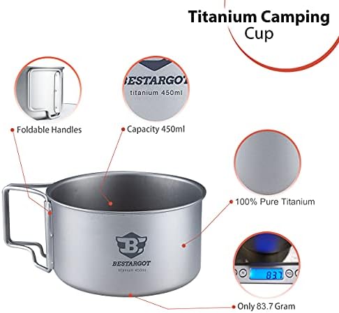 Bestargot Camping Titanium Pot, 750ml Outdoor Cup with Insulation Cup Carrier, Titanium Camping Drinkware, 132g Lightweight and Large Capacity (450 titanium) - Image 4