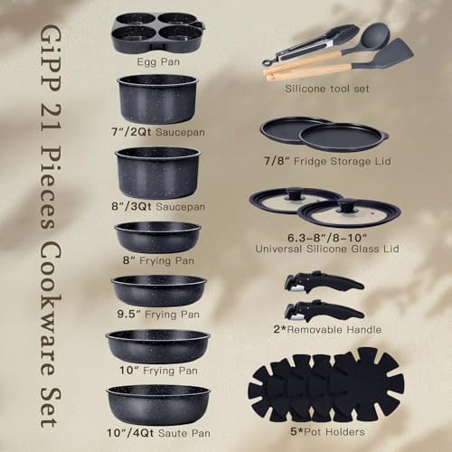 GiPP 21PCS Pots and Pans Set Nonstick Cookware Set with Detachable Handle - Image 2