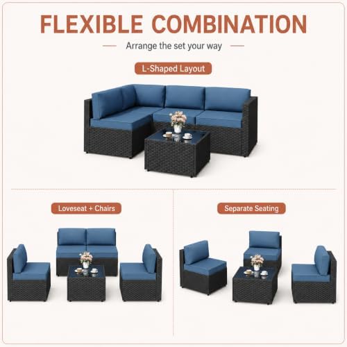 JAMFLY 5-Piece Patio Furniture Set, Outdoor Wicker Sectional Sofa with 4-Inch Thick Cushions & Coffee Table, All-Weather PE Rattan Conversation Set for Backyard, Garden, Poolside, Aegean Blue - Image 6