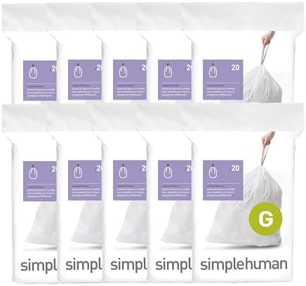 simplehuman Code G 200 Count Custom Fit Liners, Drawstring Kitchen Trash Bags, One-by-One Mess-Free Dispense, Extra Thick & Double Seamed, 50% PCR Plastic, 30 Liter / 8 Gallon, White by Unknown