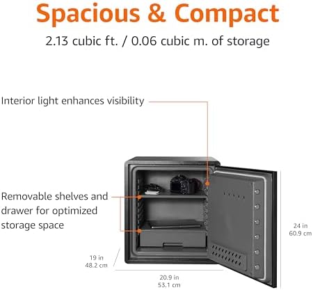 Amazon Basics Fireproof and Waterproof Safe Box with Digital Keypad Electronic Lock, Fire Resistant, Interior Lighting, Removable Shelf, for Home Use, 2.13 Cubic Feet, 24"H x 20.87"W x 19"D, Black - Image 3