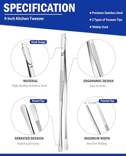 JETKONG 2 Pcs 9-Inch Kitchen Tweezers Cooking Tweezers Stainless Steel Tweezers Tongs (Silver) - Image 2