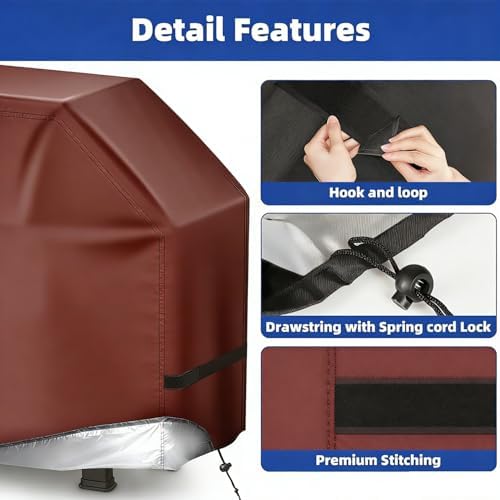 BBQ Gas Grill Cover for Outdoor, Anti-UV, Rip-Proof, 600D Oxford Fade Resistant Material, Barbecue Cover with Hook and Loop Straps & Adjustable Hem Drawstring (Reddish Brown, 58”x24”x46”) - Image 3