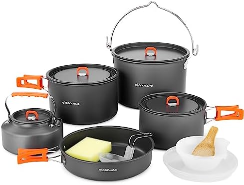 Odoland 18pcs Camping Cookware Large Size Hanging Pot Pan Kettle Set with Plastic Plates Bowls Soup Spoon for Camping, Backpacking, Outdoor Cooking and Picnic by Odoland