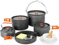 Odoland 18pcs Camping Cookware Large Size Hanging Pot Pan Kettle Set with Plastic Plates Bowls Soup Spoon for Camping, Backpacking, Outdoor Cooking and Picnic by Odoland