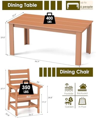 GREENVINES 7-piece Outdoor Dining Set, HDPE Table & 6 Chairs, Teak - Image 2