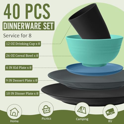 40 PCS Wheat Straw Plates and Bowls Sets,Dishware Set for 8,Unbreakable Kitchen Plates and Bowls Set for Travel Party Dishwasher & Microwave Safe Lightweight Plastic Dishes Set - Calm Tones - Image 2