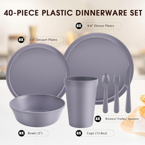 40 Piece Plastic Dinnerware Set for 8 with Cutlery, Unbreakable Plates and Bowls Set, Dishwasher & Microwave Safe Reusable Dish Set for Camping, RV, Outdoor Kitchen, Apartment Dining, Gray - Image 2