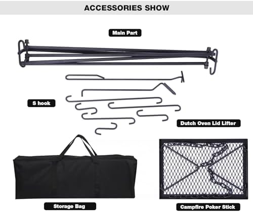 REDCAMP Swing Campfire Grill Stand - Collapsible Campfire Cooking Rack with 6 Hooks & Iron Grill Grate, Portable Dutch Oven Hanger for Outdoor Camping, Cookware, Bonfire, Rectangle - Image 4