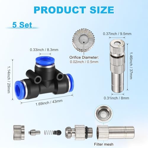 M METERXITY 5-Set Brass Misting Nozzles Tees Kit, 0.02"/0.5mm Orifice Mister Replacement Nozzles with Filter Mesh for Outdoor Cooling System/Greenhouse, Water Misting Nozzle Tees Kits - Image 3