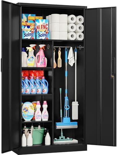 Wide & Deep Metal Storage Cabinet with Hanging Rod,Black Broom Closet Storage Cabinet with Lock,72" Tall Wardrobe Cabinets with Doors and Shelves,Locking Steel Tool Cabinets for Home,Office,Garage by SISESOL
