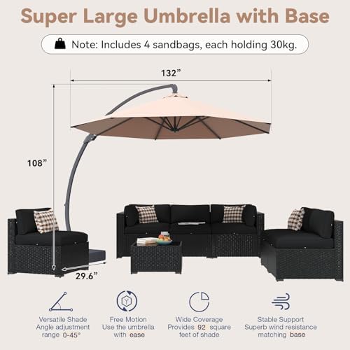 Aoxun Patio Furniture Set with Umbrella, 8 Piece Outdoor Sectional Sofas, Wicker Rattan Outdoor Furniture with Thickened Cushion for Backyard, Garden Black - Image 5