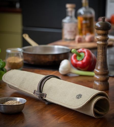 Angus Stoke Knife Bag made of durable Canvas & genuine buffalo Leather - Chef's Knife Roll Case for Cooking, Camping & BBQ - Knives storage Neil (Beige) - Image 2