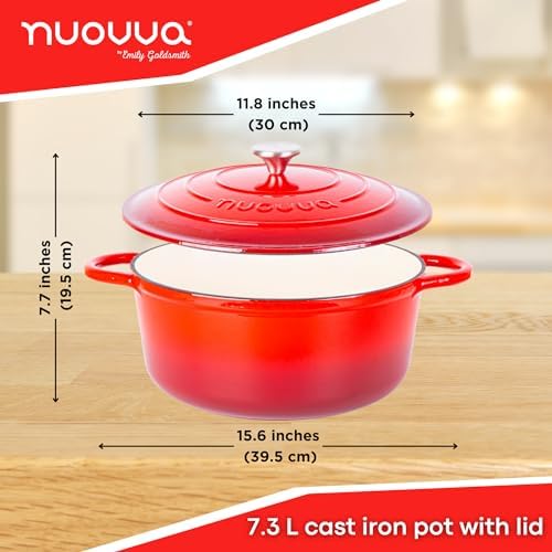 Cast Iron Dutch Oven with Lid - Non-Stick Ovenproof Enamelled Casserole Pot- Sturdy Dutch Oven Cookware - Red, 7.3- Quart, 30cm- by Nuovva - Image 2