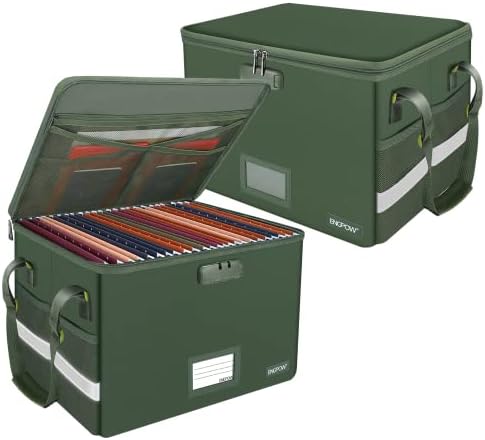 ENGPOW File Box with Lock, Fireproof Document Box with Pockets, Collapsible File Organizer Filing Storage Cabinet with Handle, Portable Home Office Safe for Hanging Letter/Legal Folders,Green,2 Pack by ENGPOW