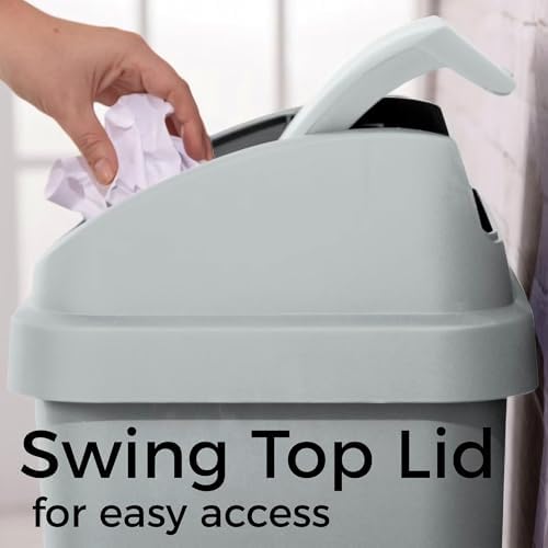 13 Gallon Kitchen Trash Can with Removable Swing Top Lid, Plastic, Rectangular, Gray, Wastebasket for Kitchen, Bathroom, Garage, Office - Image 2
