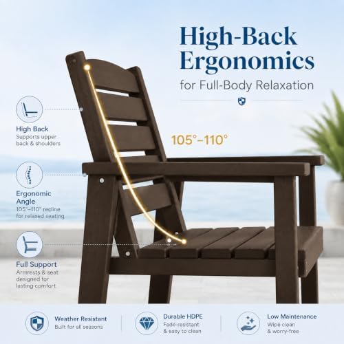 Patio Dining Chairs Set of 2, All-Weather HDPE Outdoor Dining Chair with High Back, Stackable Heavy Duty 400 lbs Lawn Armchair for Backyard Deck Porch Table, Coffee - Image 4