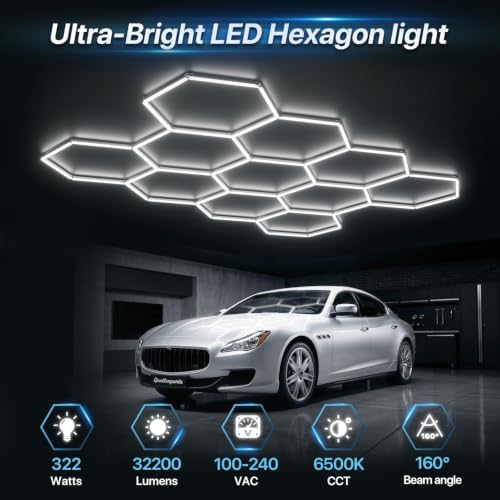 HYPERLITE Gen II Hexagon Garage Lights: 322W 32200LM 11 Grids Hexagon Led Light, 6500K Ultra Bright Honeycomb Hex Lights, Easy Install, Durable Design for Garage, Car Detailing, Workshops, Gym - Image 2
