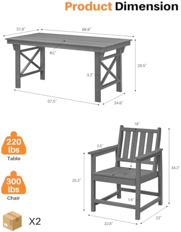 HDPE Patio Dining Set, 5-Piece Outdoor Table and Chairs with Umbrella Hole, Modern Outdoor Dining Set for 4, HDPE Outdoor Patio Furniture Dining Sets for Deck, Poolside, Porch, Smoke Gray - Image 3