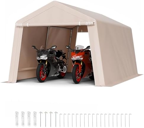 VEVOR 10 x 15 ft Outdoor Storage Shed Tent with Heavy-Duty Steel Frame, 2 Roll-Up Doors & Air Vents, Waterproof Portable Garage Carport Shelter for Motorcycle, Lawn Mower, Garden Tools, Beige by VEVOR