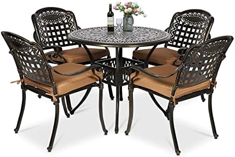 VIVIJASON 5-Piece Patio Furniture Dining Set, All-Weather Cast Aluminum Outdoor Conversation Set, Include 4 Cushioned Chairs and a 35.4" Round Table w/Umbrella Hole for Balcony, Lawn, Garden, Backyard by VIVIJASON