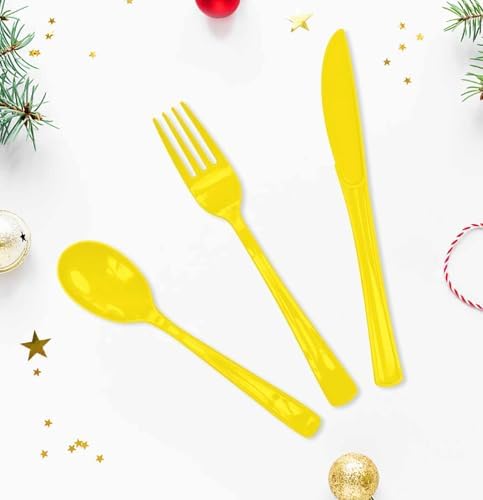 HEIPINIUYE 75 Pack Yellow Plastic Cutlery Heavy Duty Yellow Plastic Knives Forks and Spoons Disposable Silverware Set for 25 Guest Camping Birthday Baby Shower Party Cutlery Set - Image 2