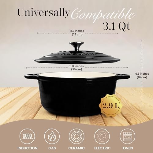 Cast Iron Pot with Lid-Non-Stick Ovenproof Enamelled Casserole Pot, Oven Safe up to 500° F-Sturdy Dutch Oven Cookware - Black, 5-Quart, 24cm-by Nuovva - Image 2