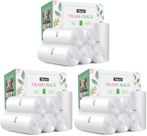 8 Gallon 330 Counts Unscented Medium Clear Trash Bags,Fit 7,8,9,10 Gal Garbage Bags by Teivio, 30 Liter Thick Bathroom Can Bin Liners,Plastic Bags for Home Office Kitchen, Clear (Pack of 3) by Teivio