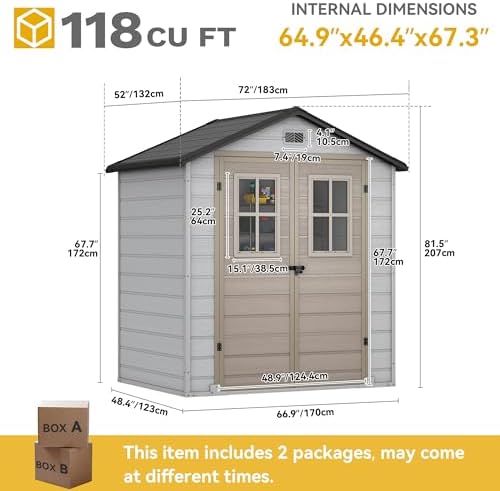 DWVO 6x4.4 FT Outdoor Storage Shed, Plastic Garden Tool Shed with 2 Windows, Double-Wall Outside Shed for Lawn Mower, Garden Shed for Backyard Patio, Lockable, Greige&Gray - Image 5
