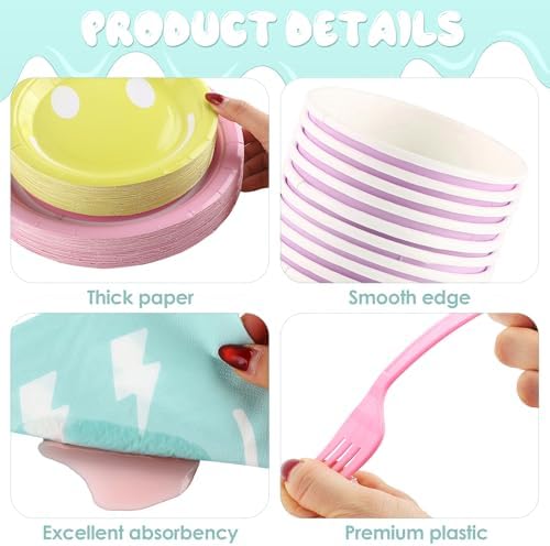 Kochorie 254 Pcs Preppy Smile Face Party Supplies Pastel Tableware Set - Image 3