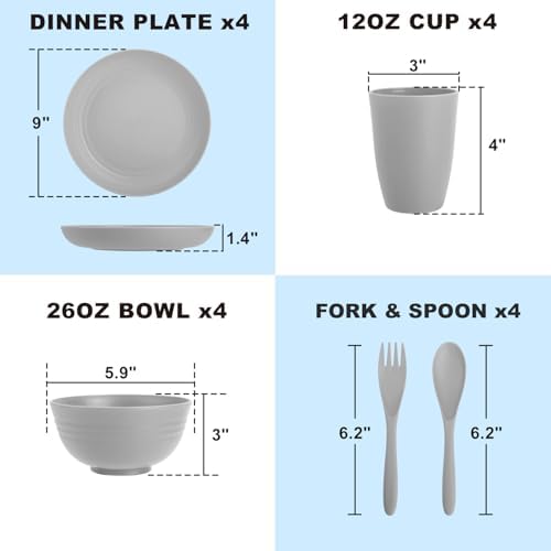 Wheat Straw Dinnerware Sets, 20 PCS Service for 4, Dishwasher & Microwave Safe Kids Plates and Bowls Sets, Unbreakable Lightweight Outdoor Camping Dishes - Gray - Image 2