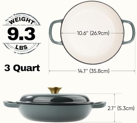 3 Quart Enameled Cast Iron Braiser, Non Stick Enameled Cast Iron Skillet with Lid, Dutch Oven Skillet with lid up to 500°F for Oven, Stove, Grill, Shallow Dutch Oven for Cook, Bake (Gray) - Image 4
