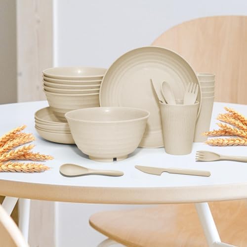 SHECIPIN 42-Piece Wheat Straw Dinnerware Set, Large Round Plates, Bowls and Cups, Unbreakable dish set, Dishwasher and Microwave Safe, Outdoor Dishes (Beige) - Image 7