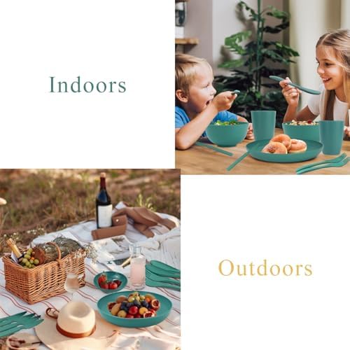 Wrova wheat straw bowls,plates,cups and cutlery sets 28 pcs - Dishwasher safe dish sets for kitchen, camping, indoors and outdoors.Green - Image 5
