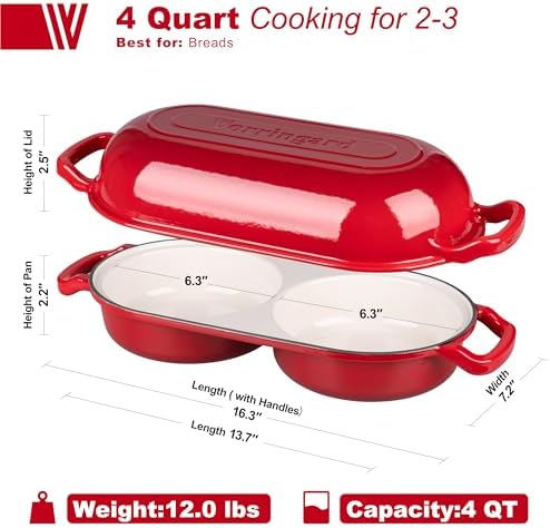VORRINGARD Enameled Cast Iron Double Dutch Oven with Lid, Dual Round Loaf Pan, Bread pan for Homemade Sourdough Bread Baking, Red - Image 2