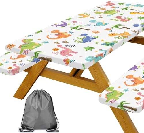 Funny Dinosaur Picnic Table Cover with Bench Covers and Bag, Camping Essentials, Animal Waterproof Windproof Fabric, Fitted Tablecloth Cover with Elastic Edge, for Indoor & Outdoor, 3 PCS, 30x72 Inch by Xguatan