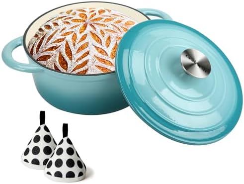 Cast Iron Dutch Oven 4.5 Quart Enameled Cast Iron Dutch Oven Pot with lid Heavy Duty Dutch Oven Dual Handles Porcelain Enameled Cast Iron Pot for Baking Braiser Cooking Family or Friends Gifts,Aqua by COOKWINCastIron