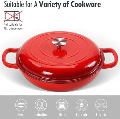3.8 Quart Enameled Cast Iron Braiser Pan with Lid, Shallow Dutch Oven, Red - Image 4