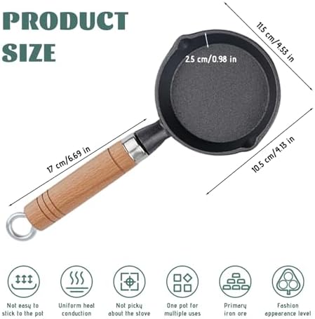 Mini Cast Iron Skillet, 4 Inch Round Non-Stick Mini Frying Pan with 2 Pouring Spout, Portable Small Egg Pan with Hanging Wooden Handle for Stove Gas Induction Hob - Image 4