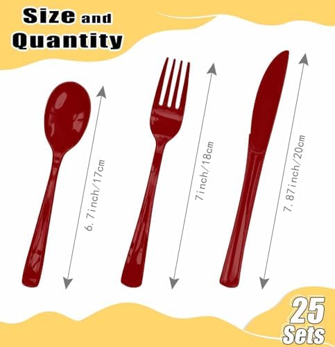 HEIPINIUYE 75 Pack Burgundy Plastic Cutlery Heavy Duty Burgundy Plastic Knives Forks and Spoons Disposable Silverware Set for 25 Guest Camping Birthday Baby Shower Party Cutlery Set - Image 3
