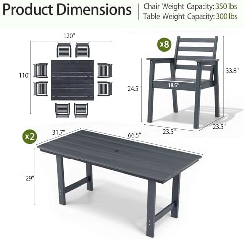 10-Piece Outdoor Dining Set, All-Weather HDPE Patio Furniture, Two 66.5" Slatted Table with 1.6" Umbrella Hole & 8 Ergonomic Armchairs, Heavy Duty 350lbs Capacity, UV Resistant, Gray - Image 3