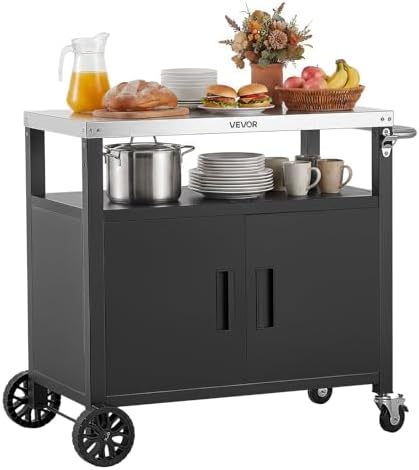VEVOR Outdoor Grill Cart with Storage Cabinet, 36.4 Inch Grill Table, Waterproof Kitchen Island with Stainless Steel Top, Shelf, and Wheels, Movable Food Prep Station for Patio Bar Backyard BBQ by VEVOR