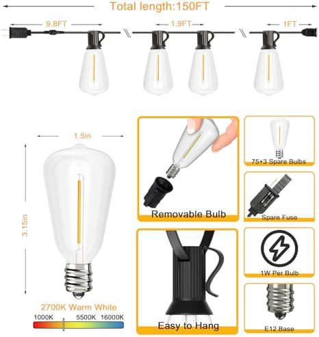 Svater Outdoor String Lights 150 FT Outside Patio Light 78 LED Bulbs - Image 4
