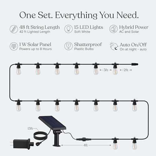 Brightech Ambience Hybrid Outdoor String Lights - Dual Plug and Solar Powered Waterproof LED Light String for Outside - 48 Ft, Soft White Edison Bulbs, for Camping, Patio, Cafe, Yard, Porch - Image 5