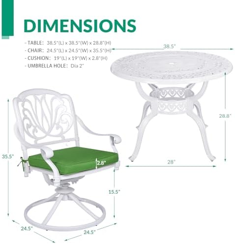 VIVIJASON 5-Piece Outdoor Patio Dining Set, All-Weather Cast Aluminum Conversation Set, Patio Furniture Set, Include 4 Swivel Cushioned Chairs, a 38.5" Round Table w/Umbrella Hole, White - Image 6